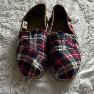 Toms Red and Blue Plaid Slip-Ons
